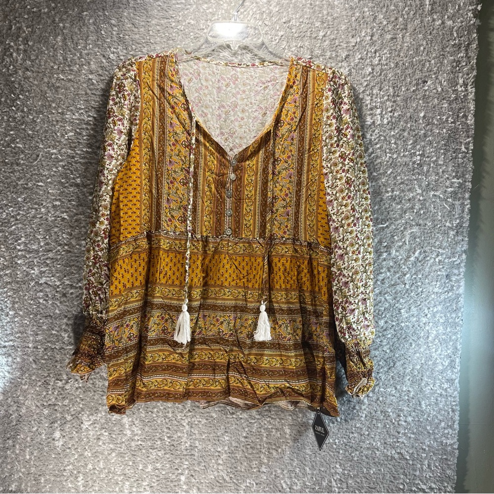 Boho Floral Print Tassel Tie Neck Long Sleeve‎ Top Plus 2XL By Zaful Peasant NWT